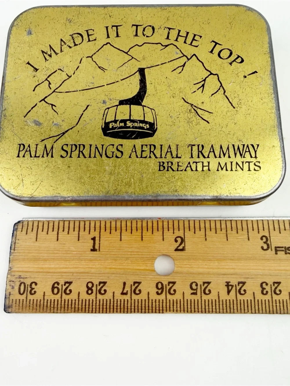 Vtg 70s Palm Springs Aerial Tramway Breath Mints Tin Souvenir Empty Gold CA